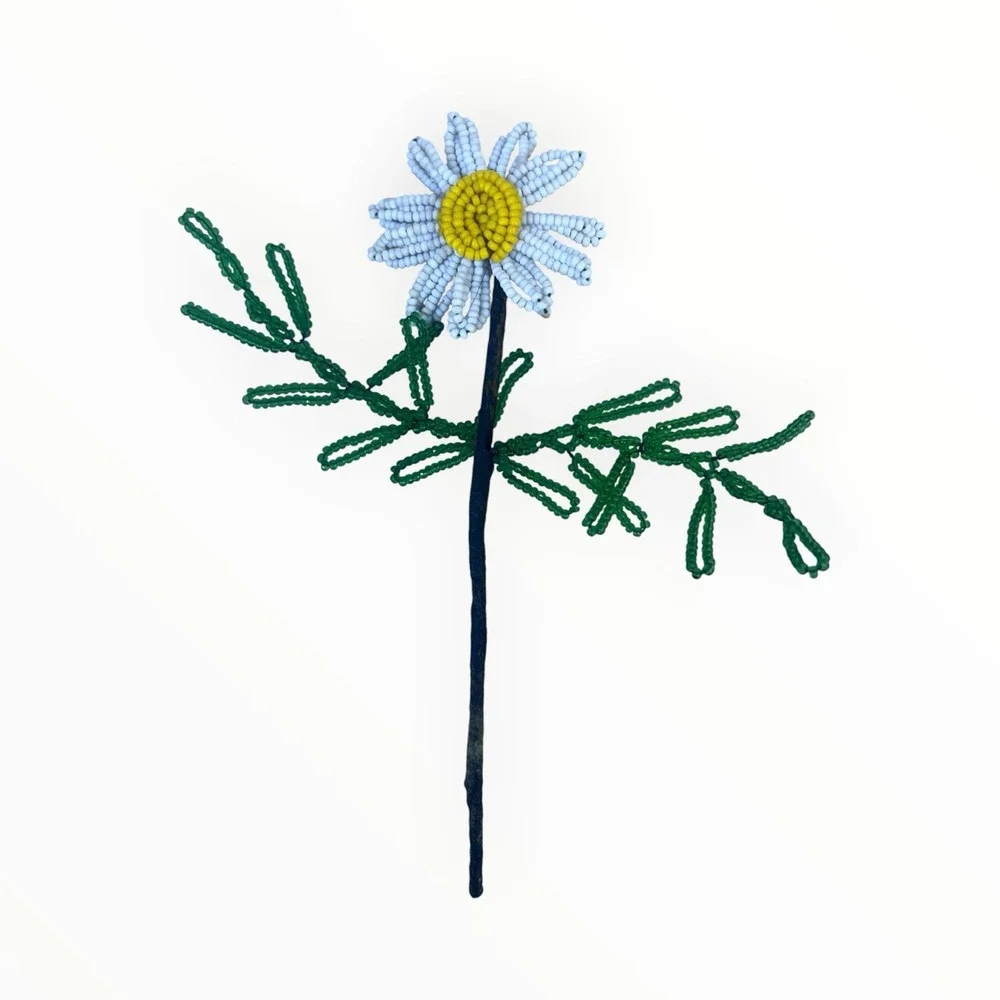Vintage French Beaded Daisy Flowers 10 Stems Seed Bead Handmade Floral Decor